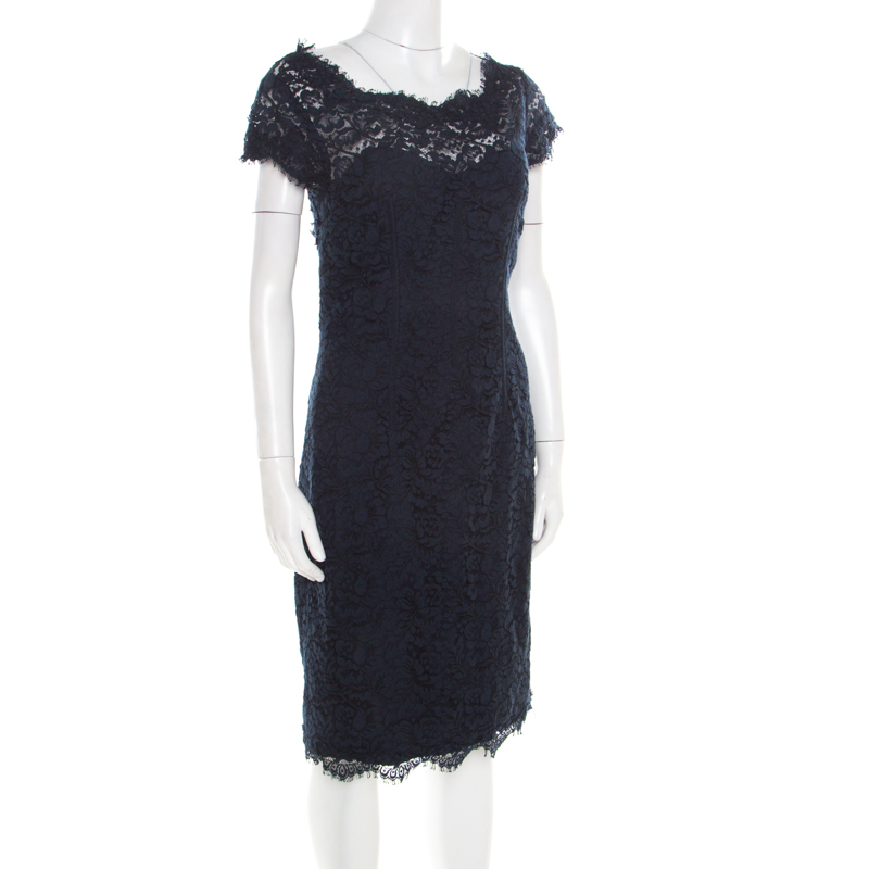 

ML by Monique Lhuillier Navy Blue Lace Diamond Back Cap Sleeve Sheath Dress