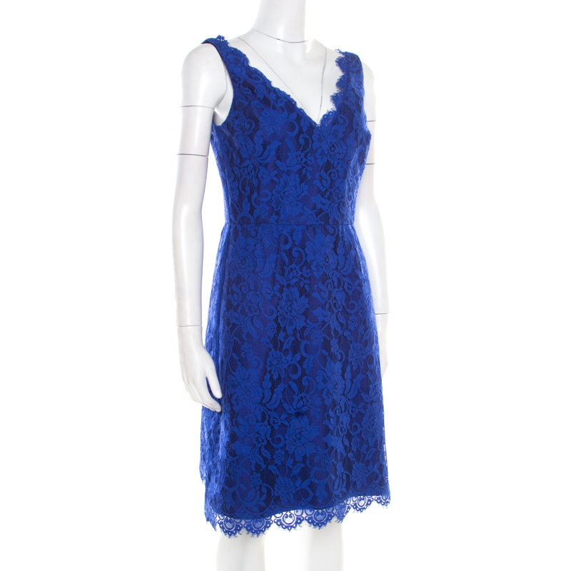 

ML By Monique Lhuillier Blue Floral Lace Scalloped Trim Detail V-Neck Dress