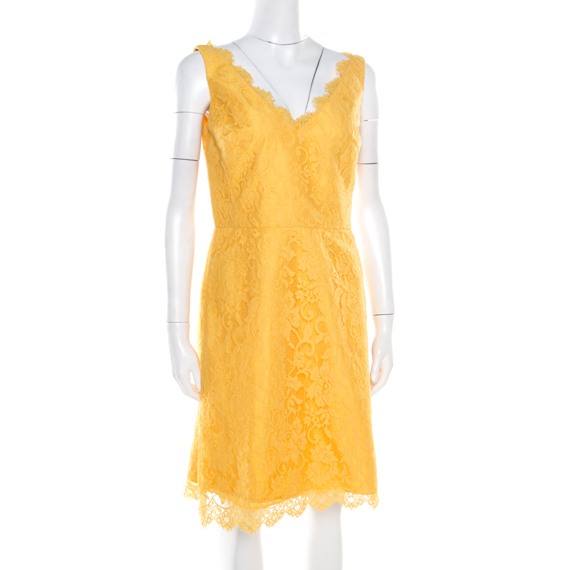 

ML By Monique Lhuillier Yellow Floral Lace Scalloped Trim Detail V-Neck Dress