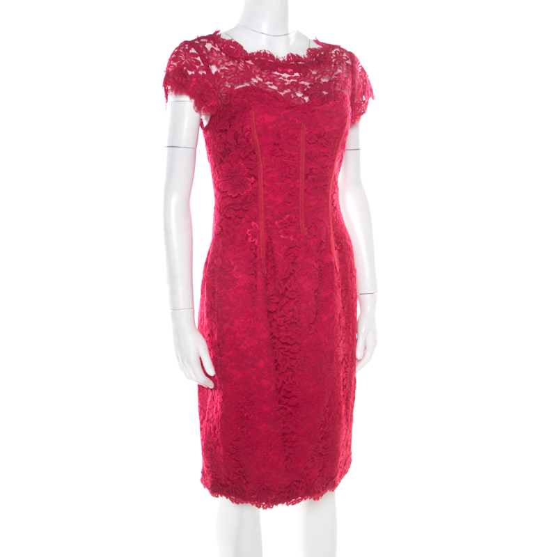 

ML by Monique Lhuillier Pink Floral Lace Scalloped Trim Cut Out Back Detail Dress