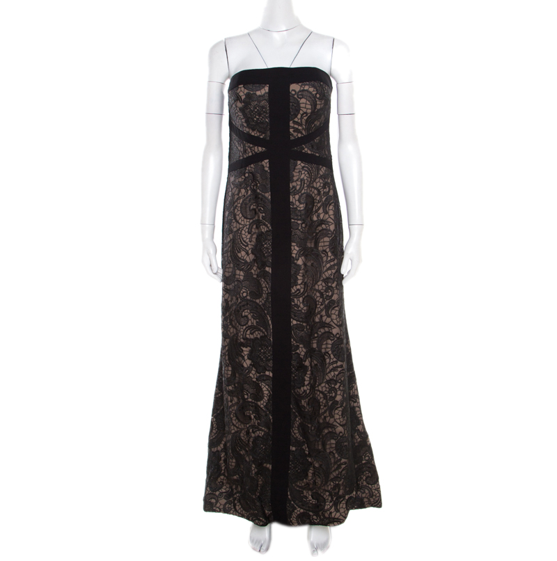 

ML by Monique Lhuillier Black and Beige Floral Embroidered Tulle Strapless Gown