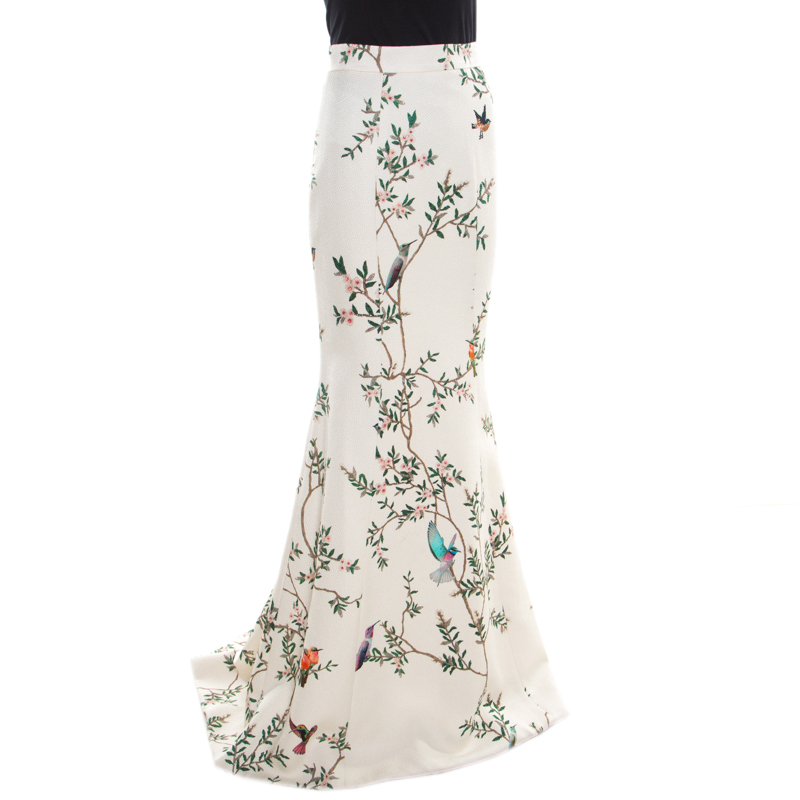 

Monique Lhuillier Collection Off White Pebbled Jacquard Bird Print Maxi Skirt