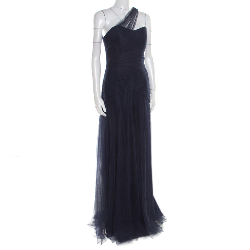 

Monique Lhuillier Bridesmaids Navy Blue Draped Tulle One Shoulder Gown