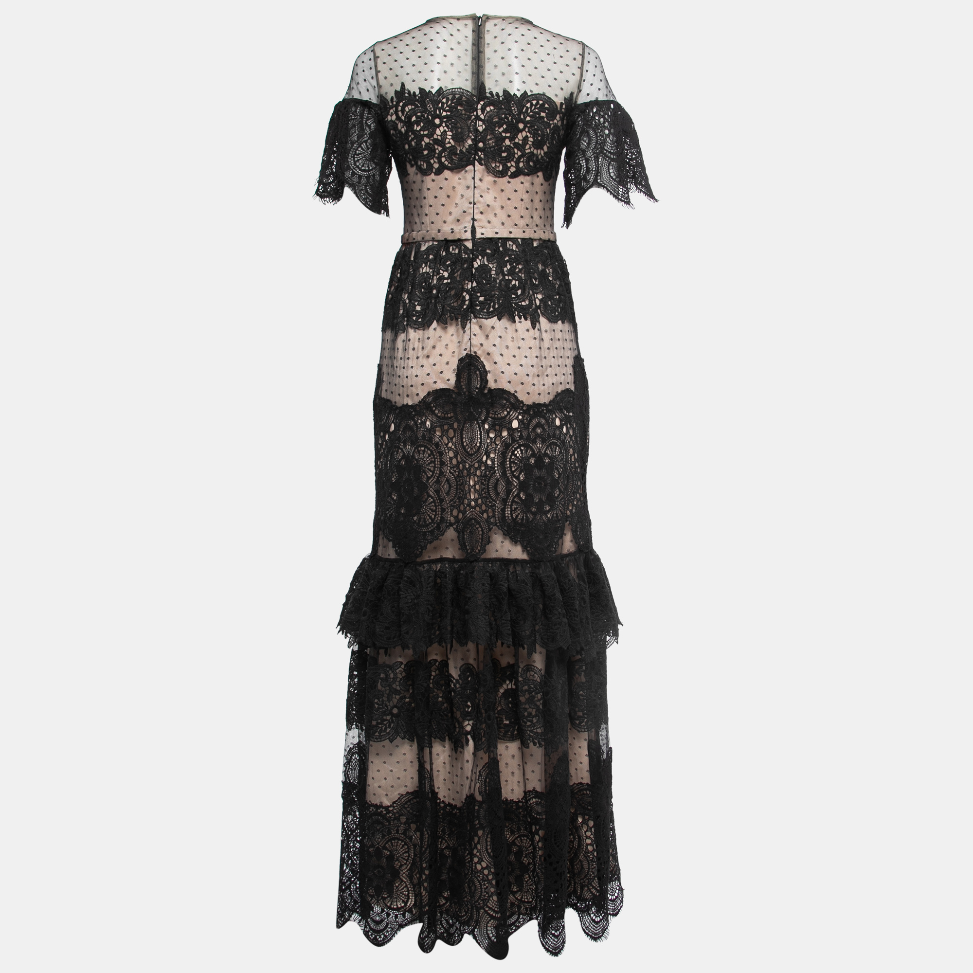 

ML By Monique Lhuillier Black Embroidered Lace & Dotted Mesh Tiered Maxi Dress