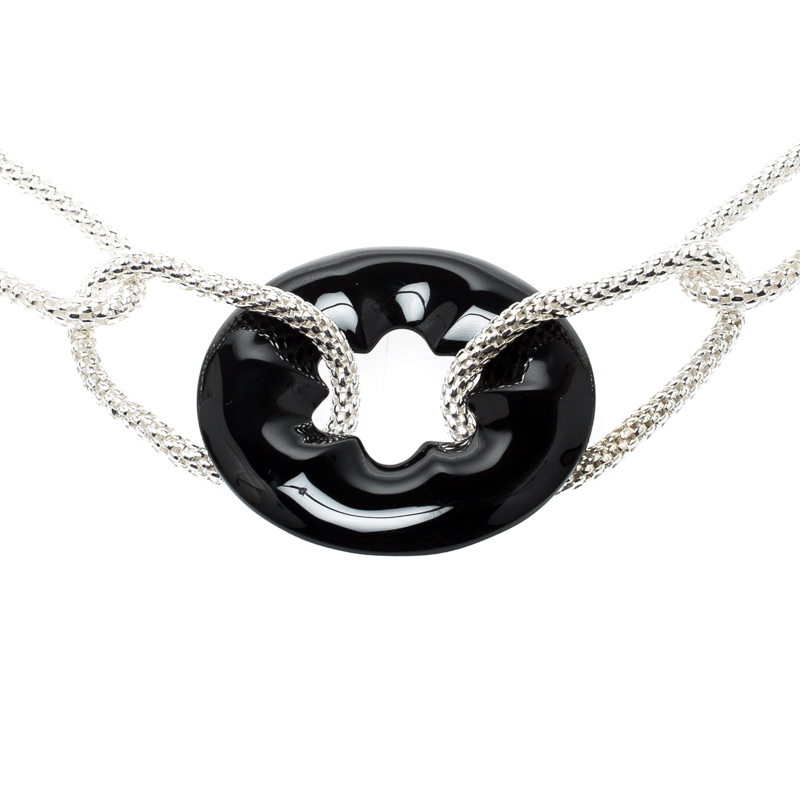 Pre Owned Montblanc Star Collection Onyx & Silver Chain Link Long Necklace