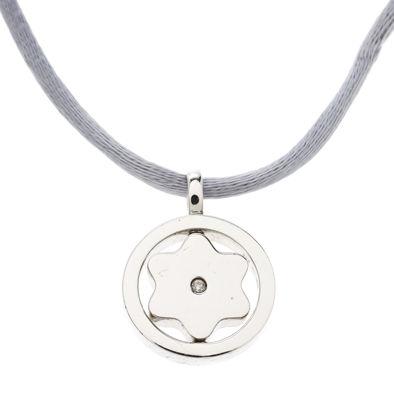 Pre Owned Montblanc Star Collection Diamond Silver Pendant Set of Black & Blue Cord Necklace