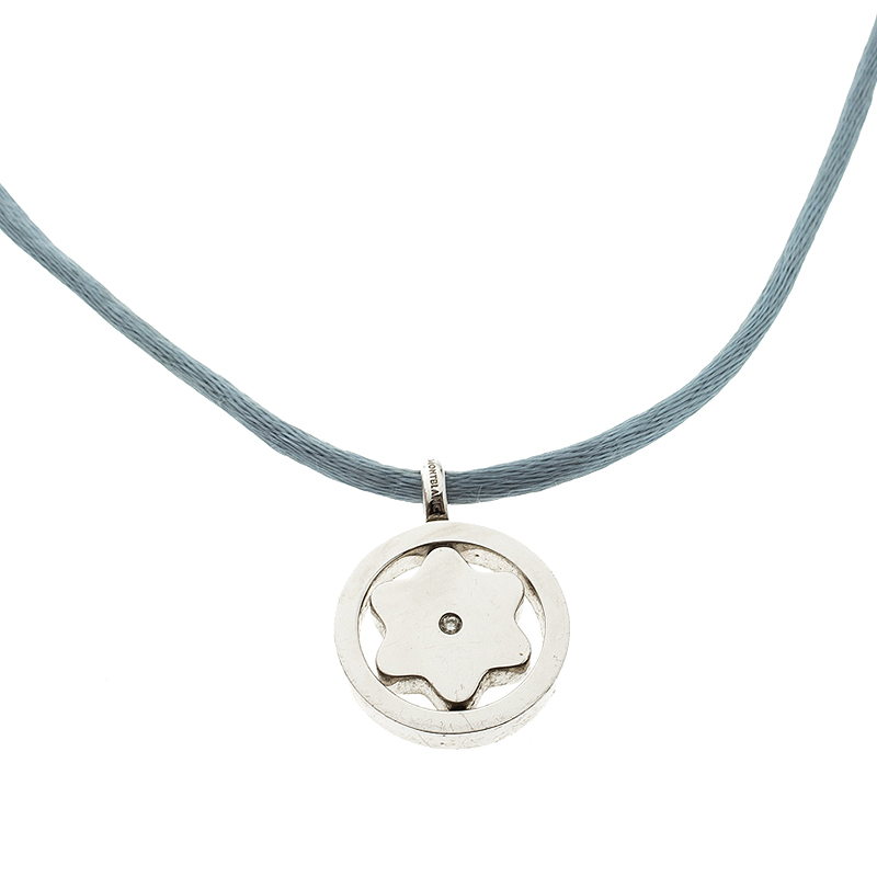 Pre Owned Montblanc Star Collection Diamond Silver Pendant Set of Black & Blue Cord Necklace