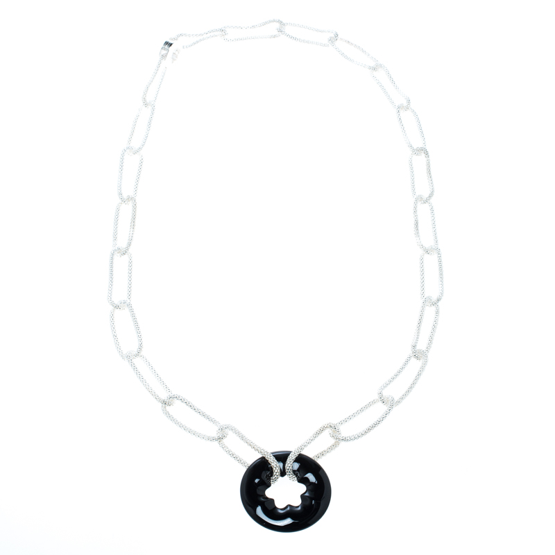 

Montblanc Star Collection Onyx & Silver Chain Link Long Necklace