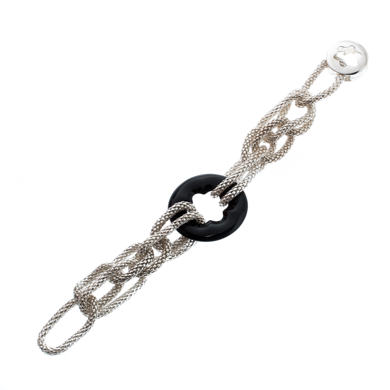Pre Owned Montblanc Star Collection Onyx & Silver Chain Link Bracelet