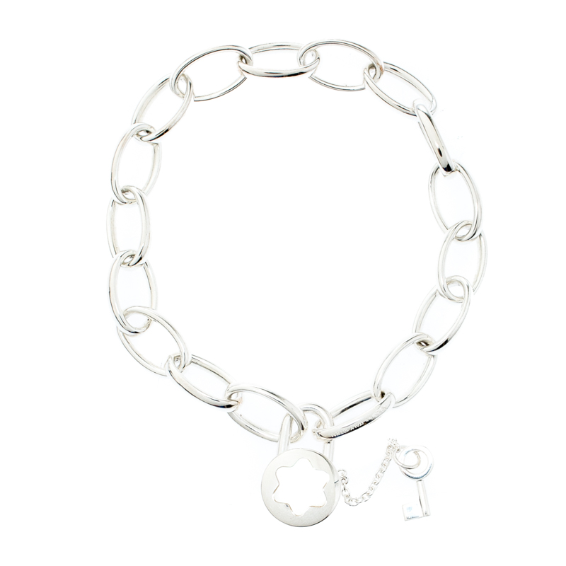Pre Owned Montblanc Lock & Key Mother of Pearl Silver Chain Link Bracelet