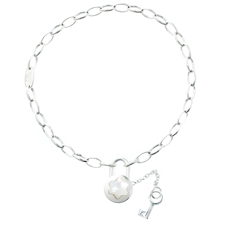 Pre Owned Montblanc Lock & Key Mother of Pearl Silver Chain Link Bracelet