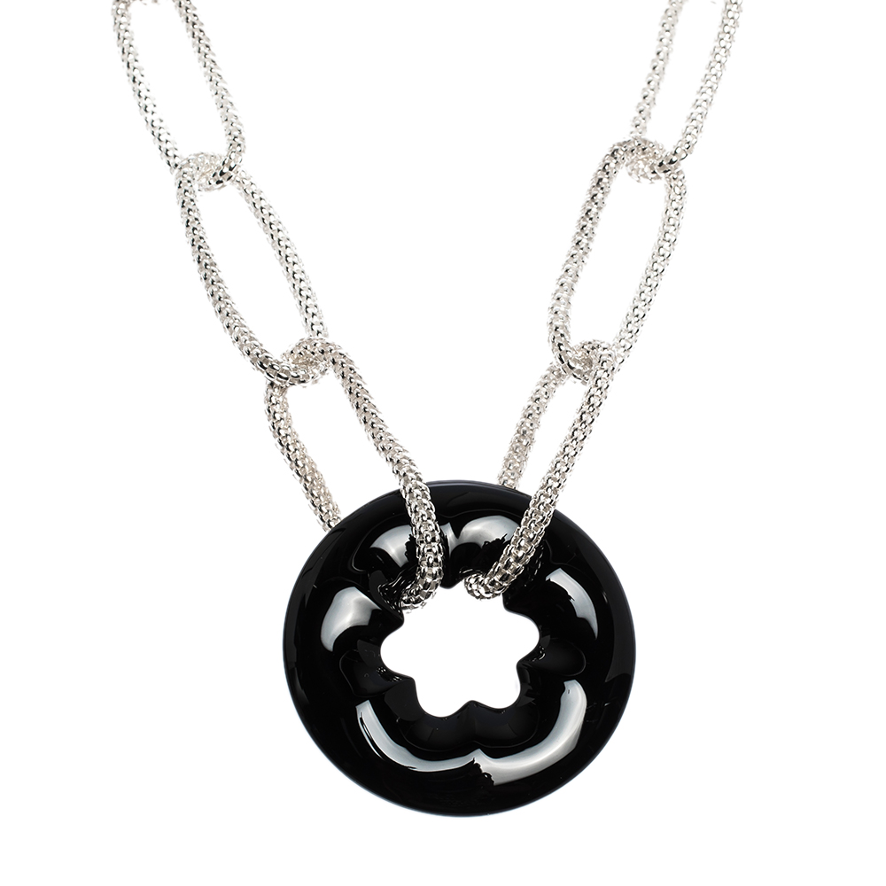 Pre Owned Montblanc Star Collection Onyx & Silver Chain Link Long Necklace