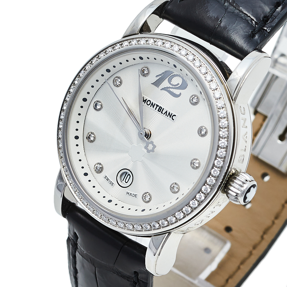 

Montblanc Silver Stainless Steel Leather Diamonds Meisterstuck