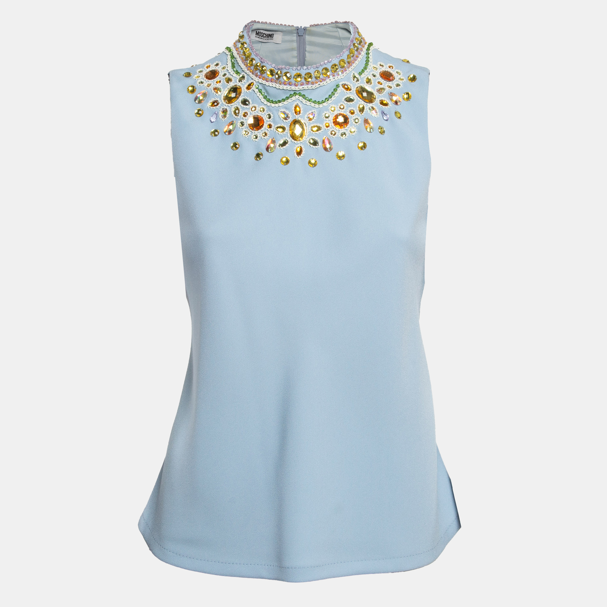 

Moschino Cheap and Chic Blue Embellished Crepe Sleeveless Top S