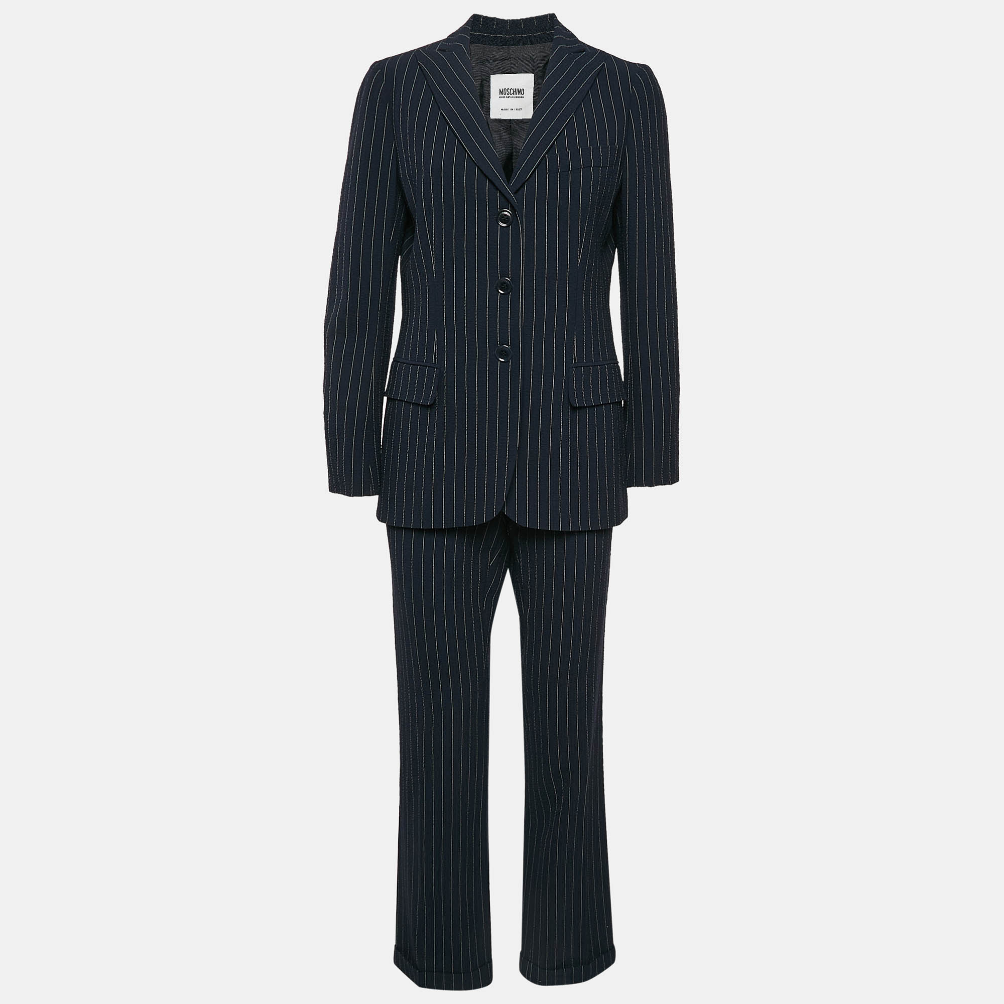 

Moschino Cheap & Chic Navy Blue Textured Stripe Print and Wool Pants Suit M