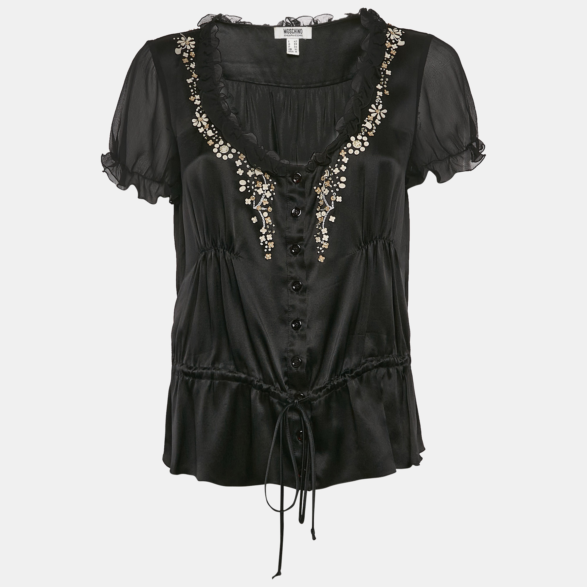 

Moschino Black Embroidered Satin Silk Ruffled Detail Blouse M