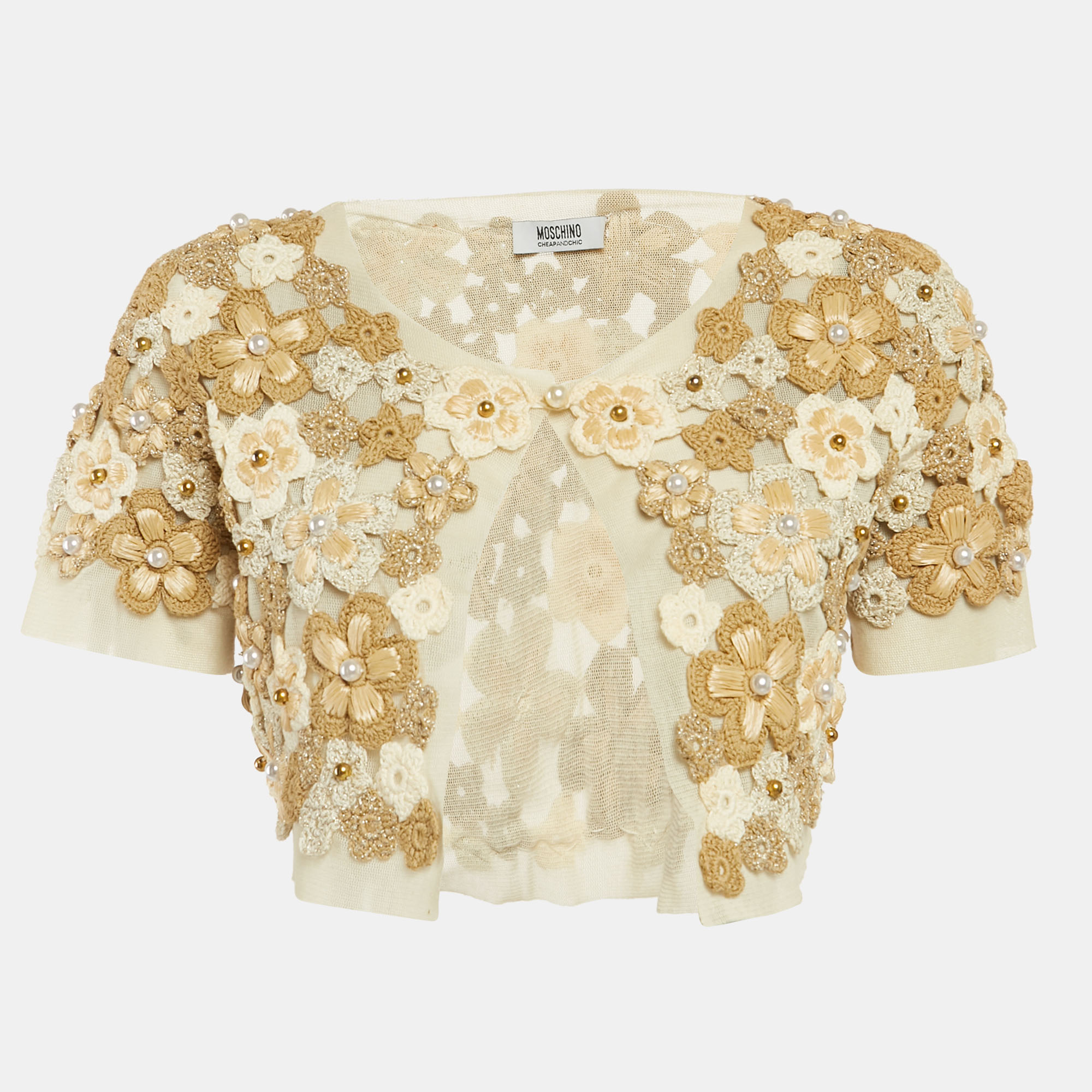 

Moschino Cheap and Chic Beige/Gold Floral Embroidery Mesh Jacket S