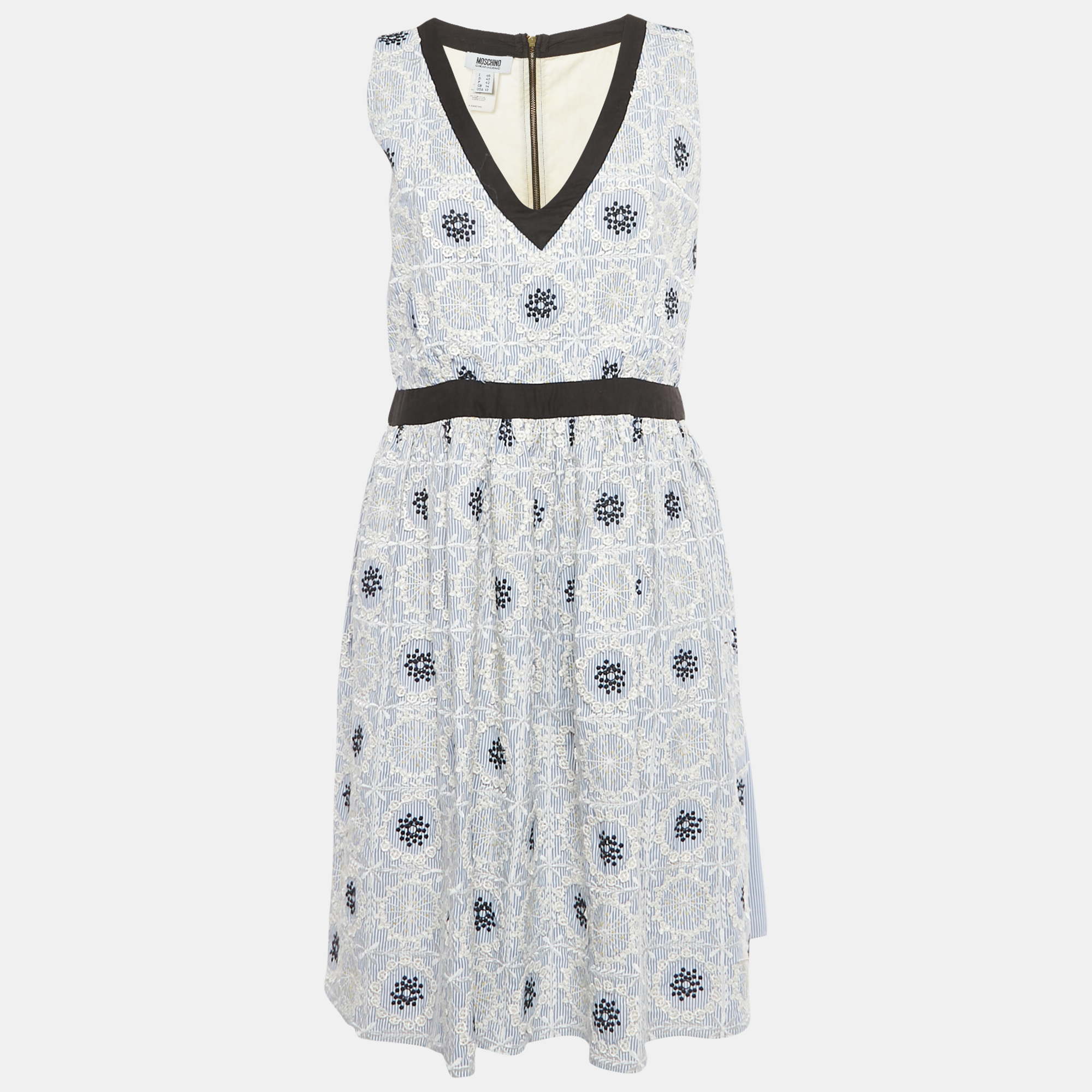 Pre-owned Moschino Cheap And Chic Blue /white Striped Embroidered Cotton Blend Midi Dress L