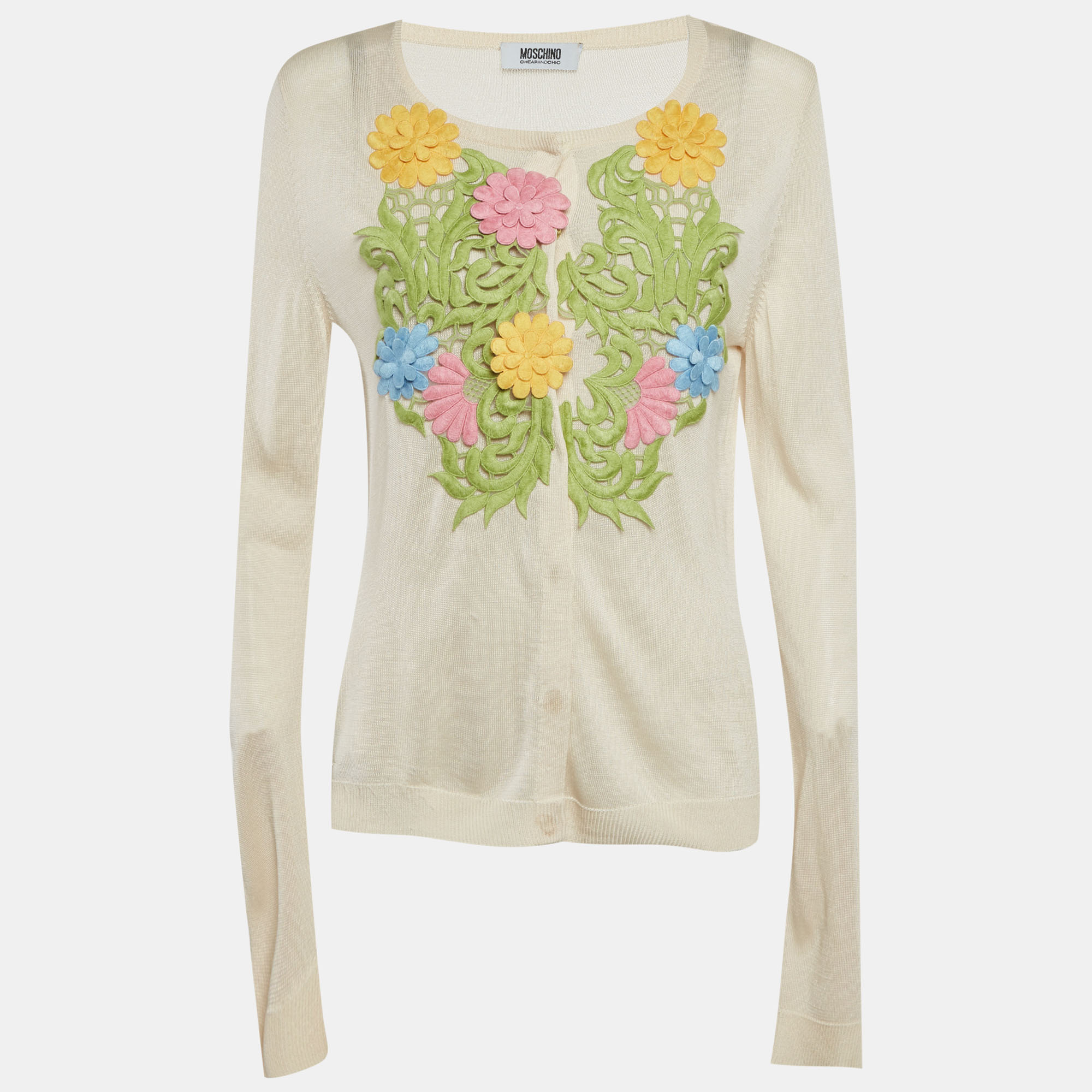 

Moschino Cheap And Chic Cream Knit Floral Applique Detail Cardigan L