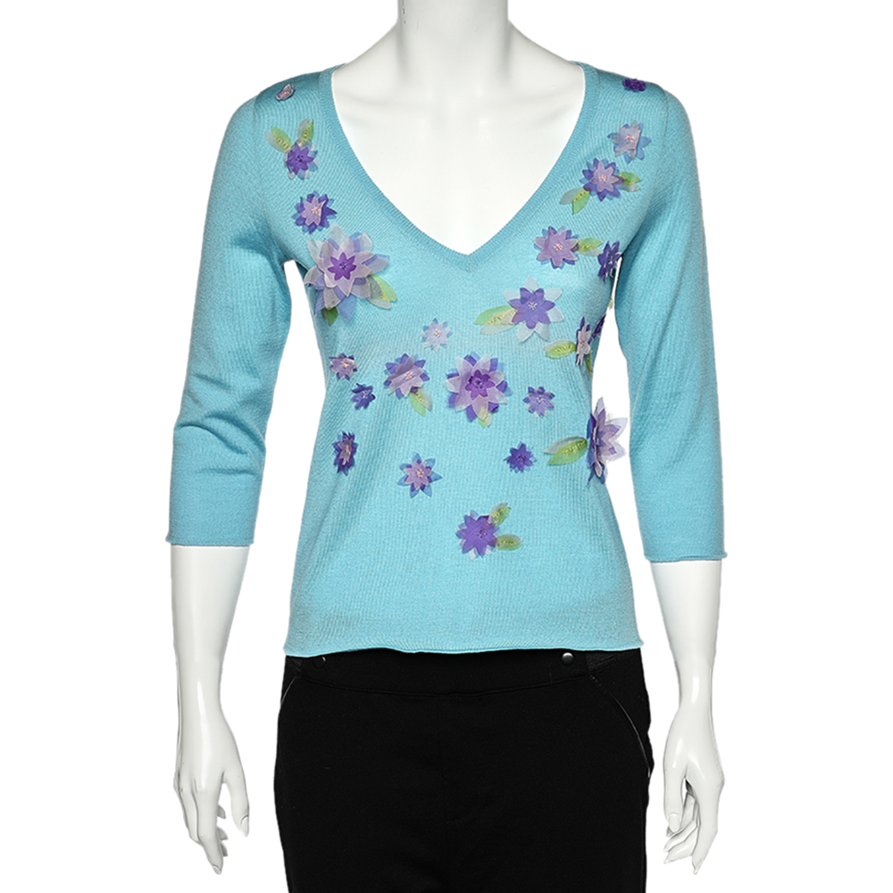 

Moschino Cheap and Chic Blue Wool Floral Applique V-Neck Sweater