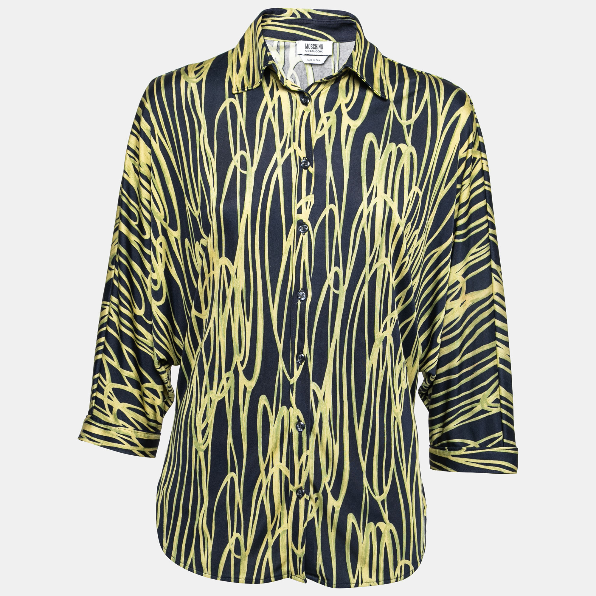 

Moschino Cheap and Chic Navy Blue and Yellow Printed Jersey Dolman Sleeve Shirt