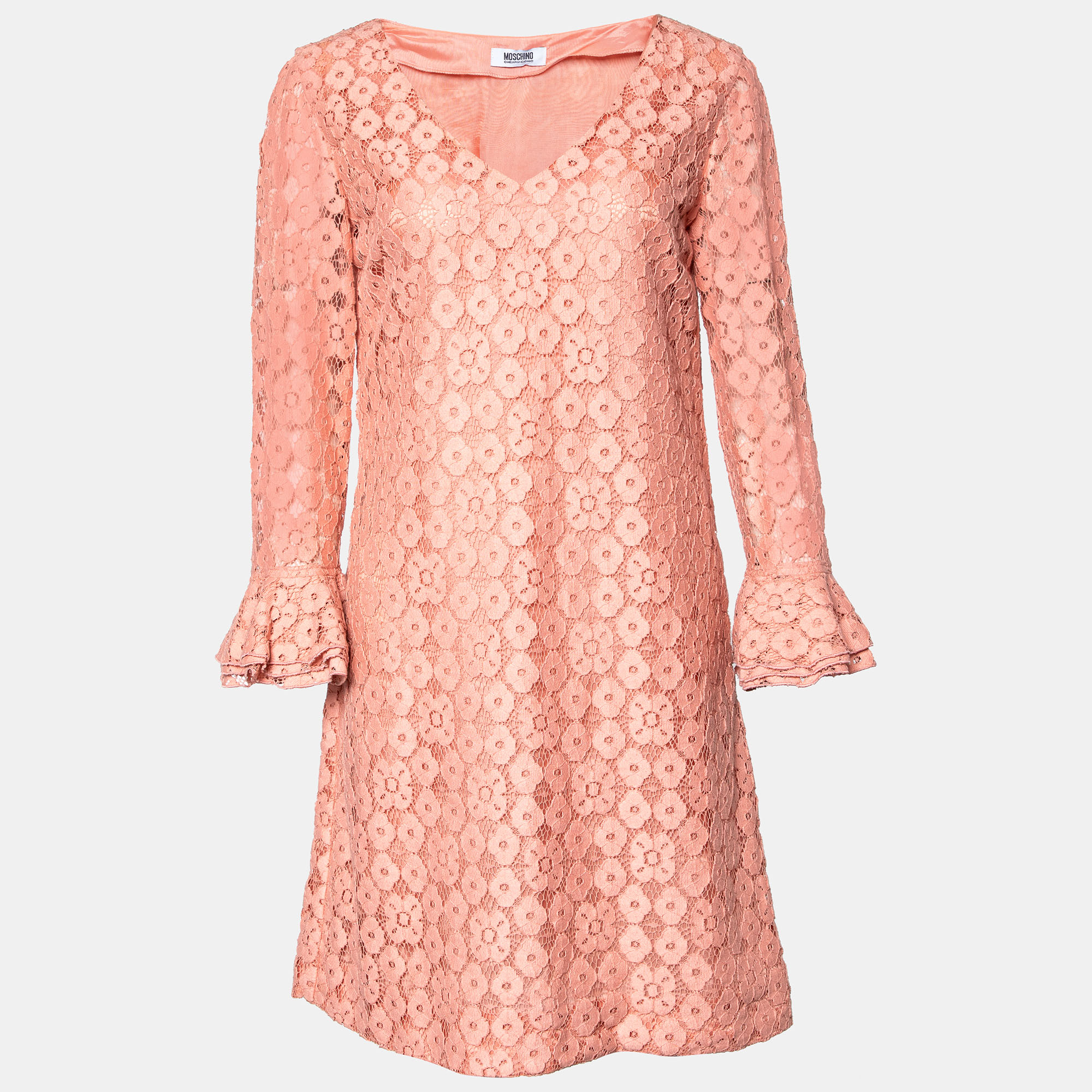 Pre-owned Moschino Cheap And Chic Peach Lace Flute Sleeve Dress M In Pink