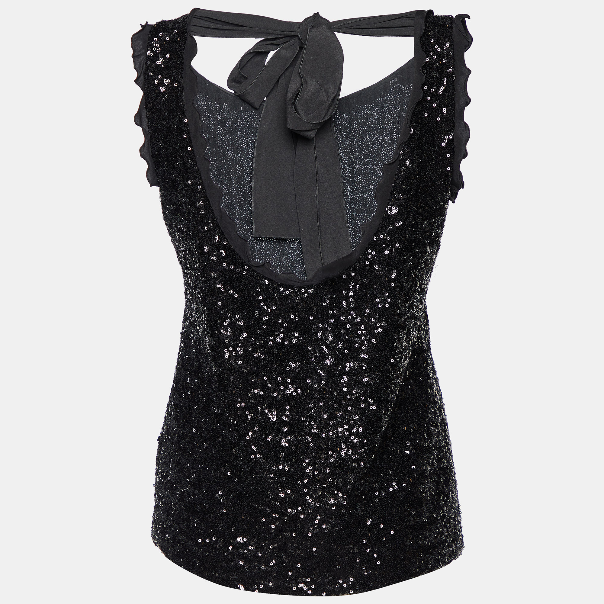 

Moschino Cheap and Chic Black Sequined Ruffle Trim Tie Detail Sleeveless Top
