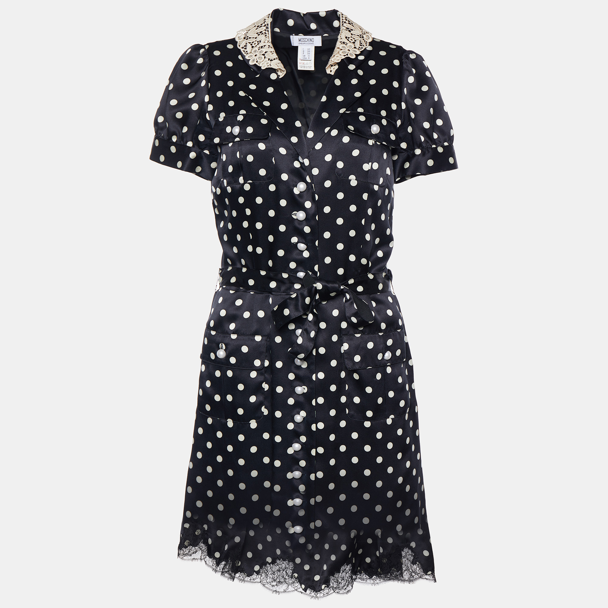 Pre-owned Moschino Cheap And Chic Black Polka Dot Silk Satin Belted Shirt Dress M
