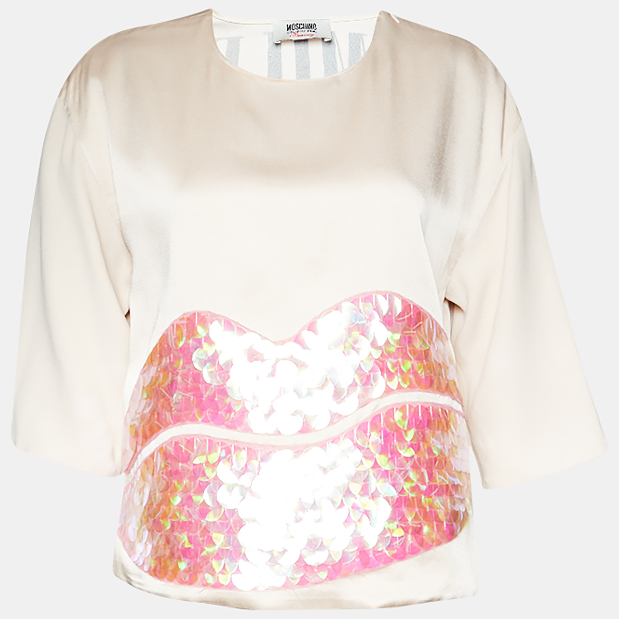 Pre-owned Moschino Cheap And Chic Light Pink Satin Lip Sequin Embellished Top M