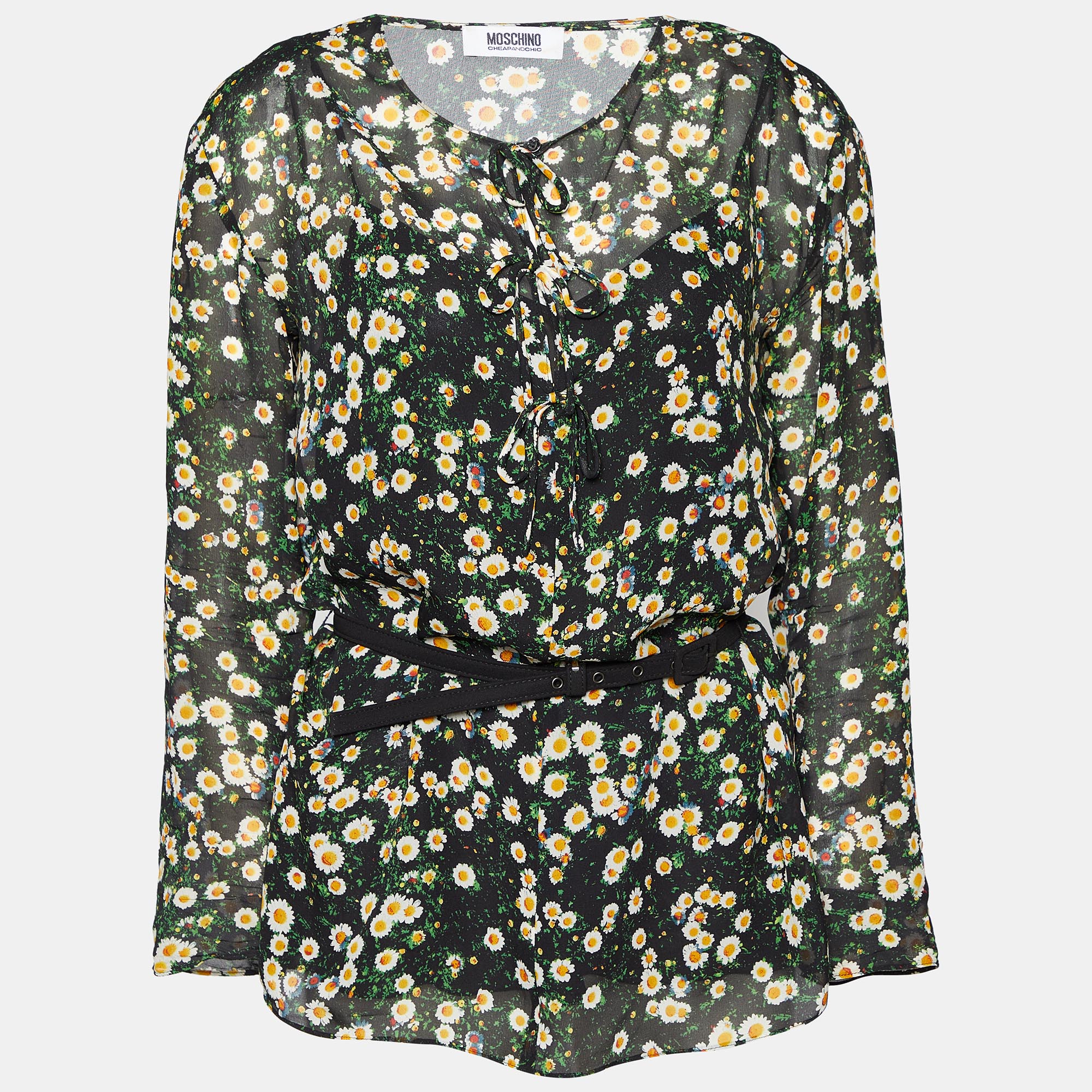 Pre Owned Moschino Cheap and Chic Black Floral Printed Silk Belted Top M