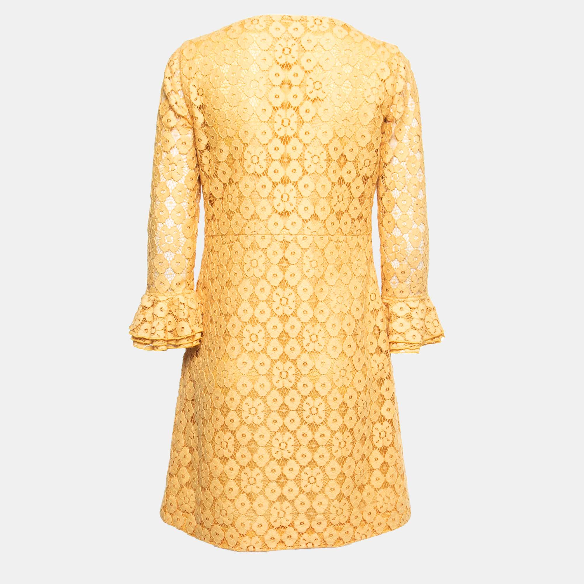 

Moschino Cheap and Chic Yellow Floral Lace Ruffle Sleeve Short Dress