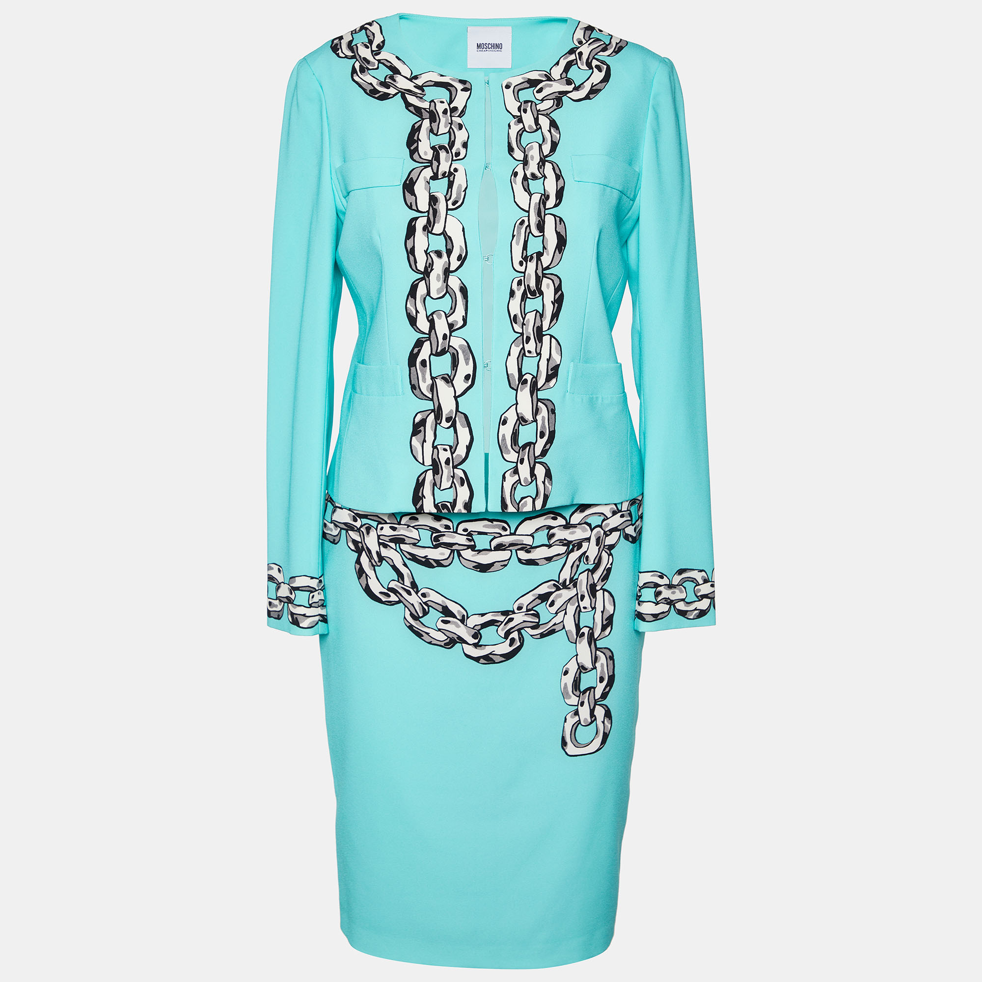 Pre-owned Moschino Cheap And Chic Moschino Cheap & Chic Turquoise Blue Crepe Chain Printed Blazer & Mini Skirt Set S