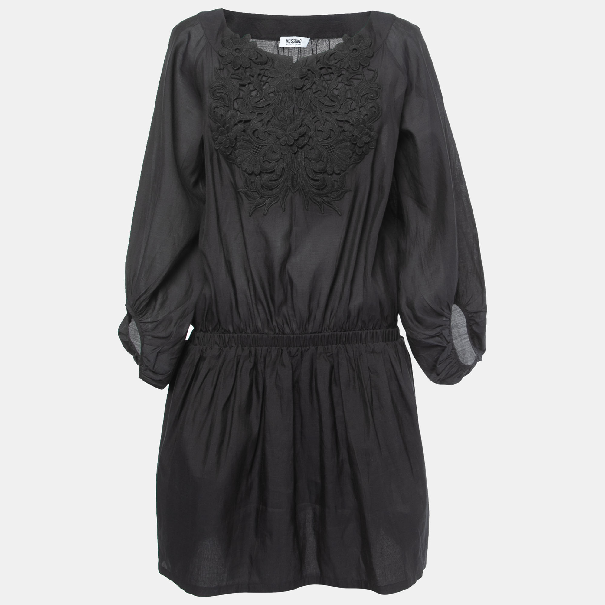 

Moschino Cheap & Chic Black Cotton Lace Trimmed Elasticized Waist Short Dress L