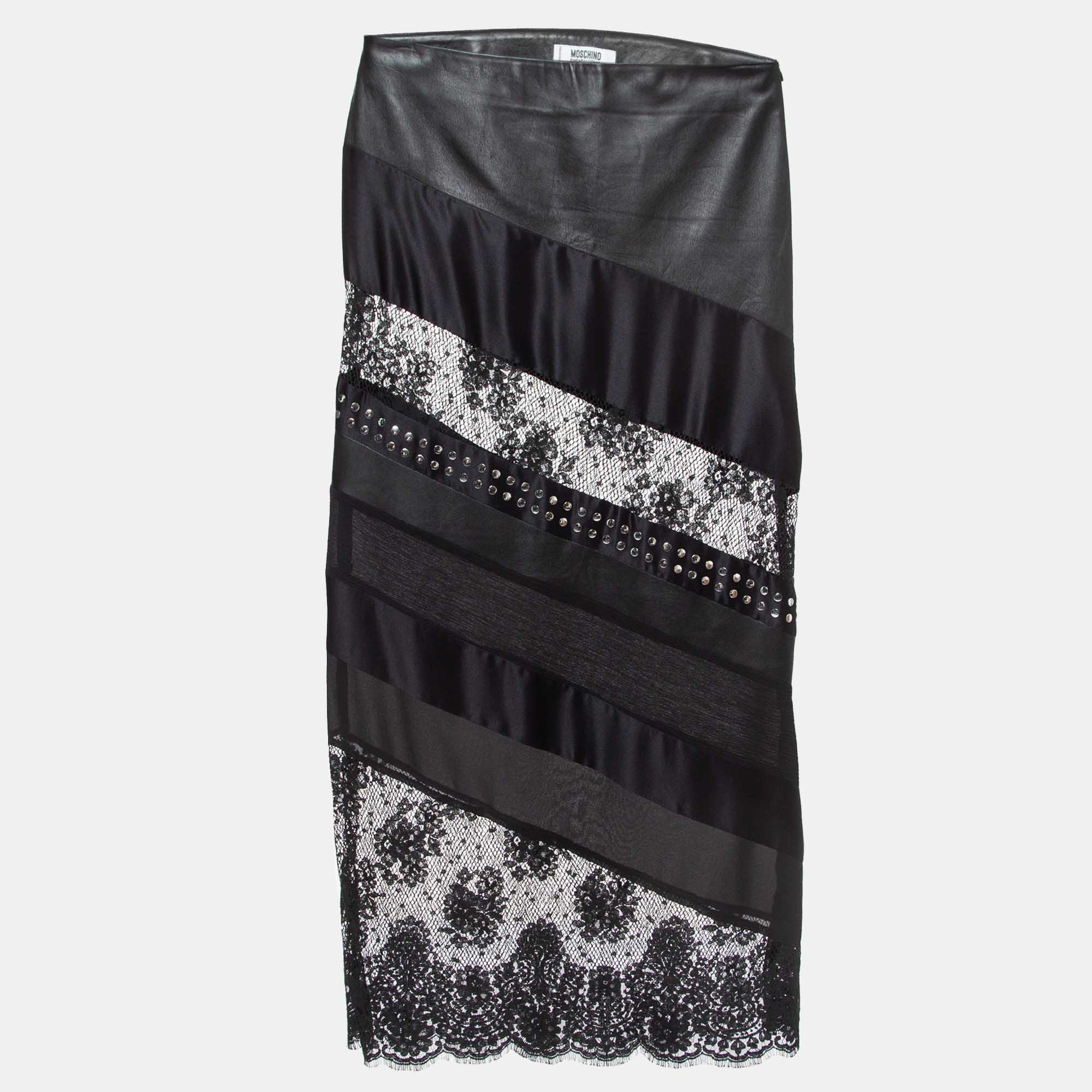 

Moschino Cheap and Chic Black Studded Satin & Faux Leather Maxi Skirt