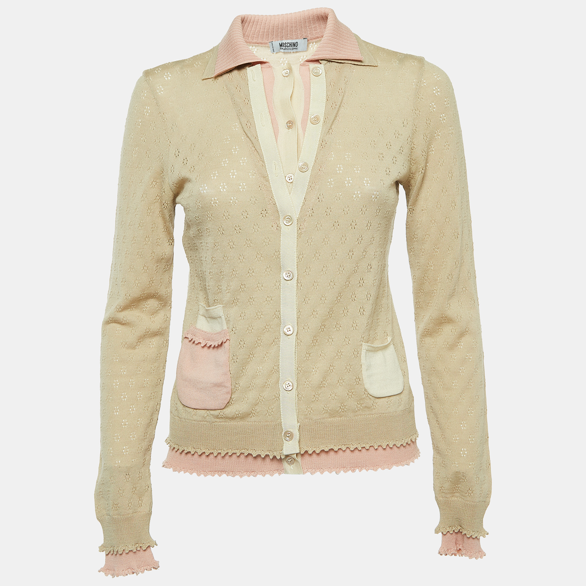 

Moschino Cheap and Chic Beige/Pink Perforated Wool Knit Button Front Cardigan