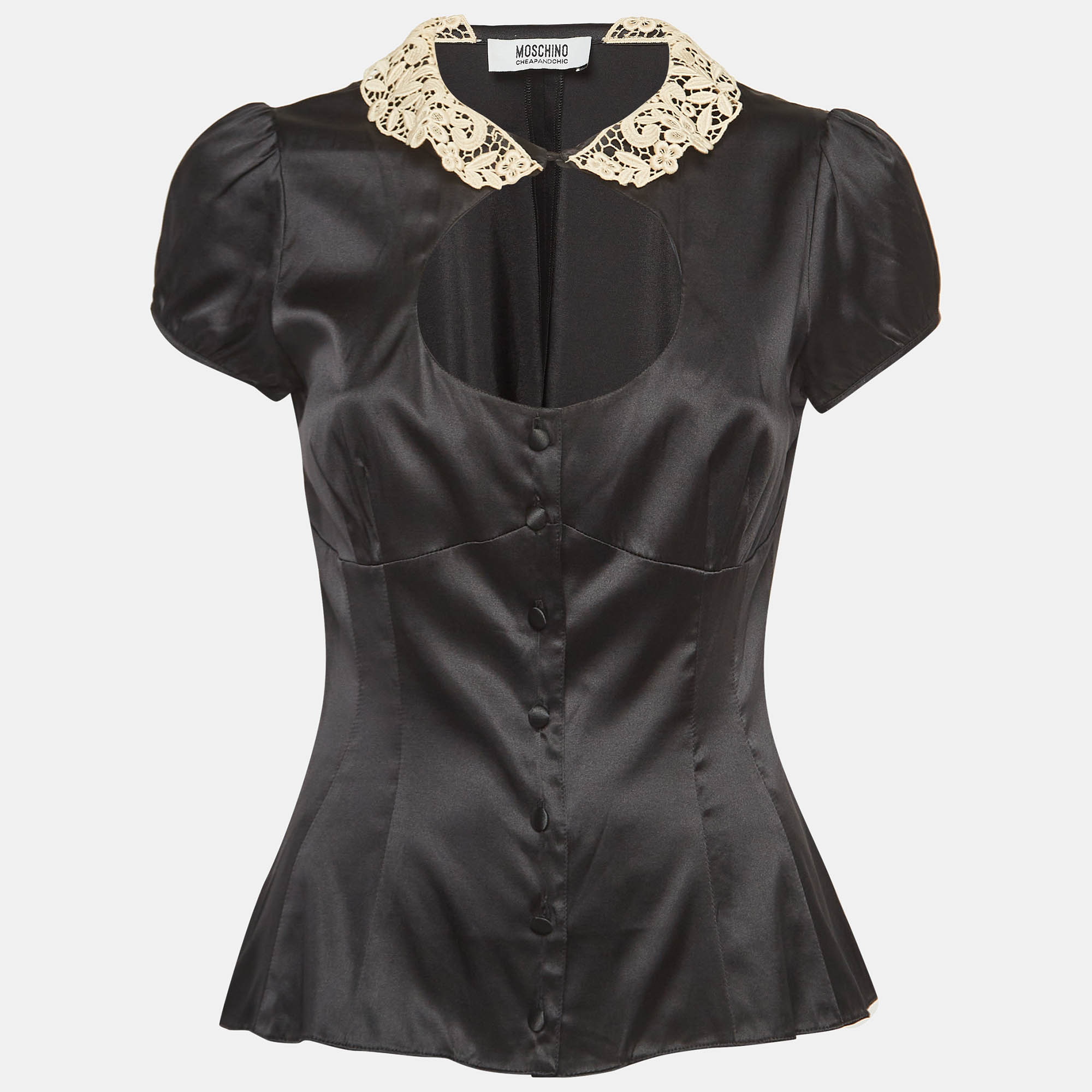 

Moschino Cheap and Chic Black Lace Collar Satin Blouse