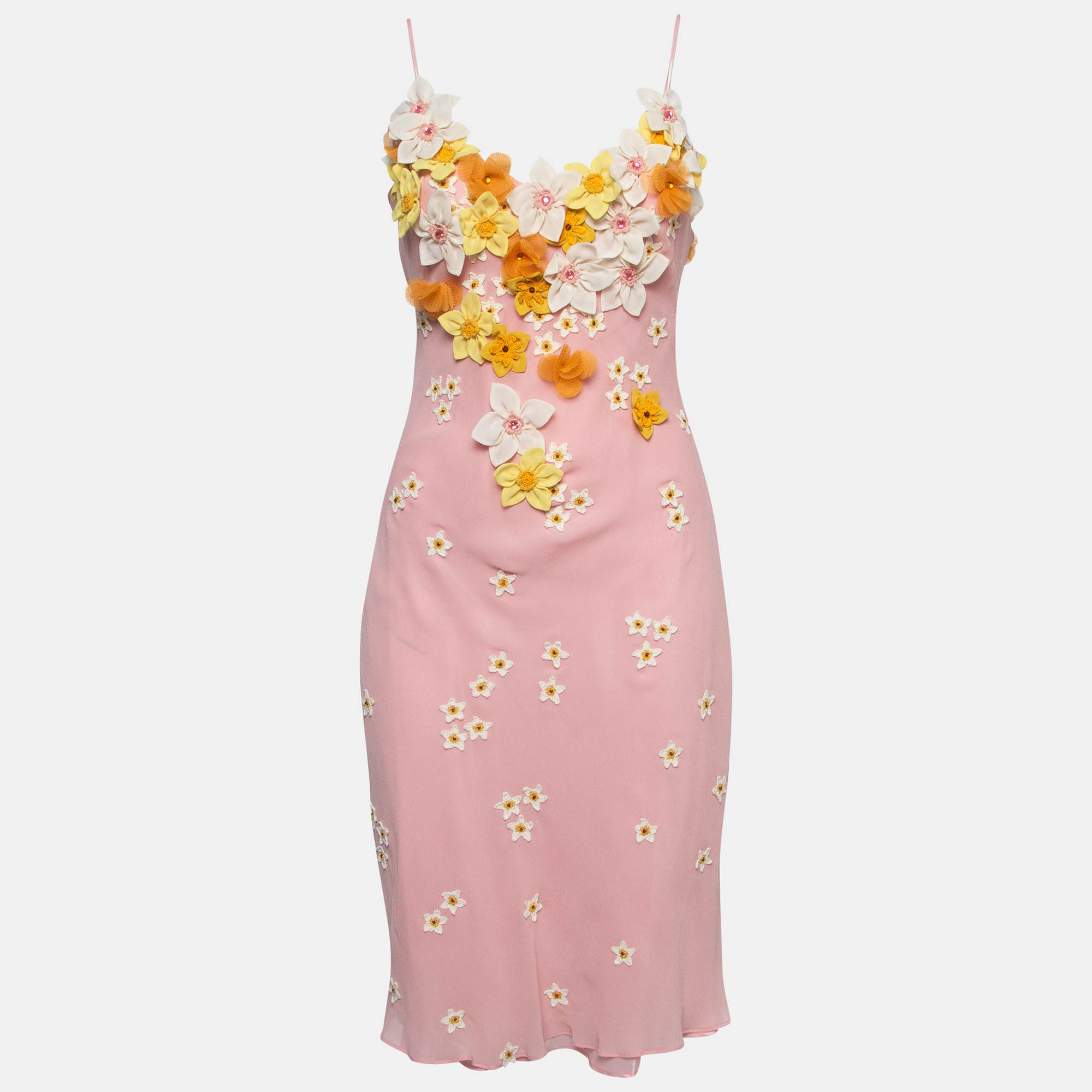 

Moschino Cheap and Chic Pink Floral Applique Silk Midi Slip Dress M