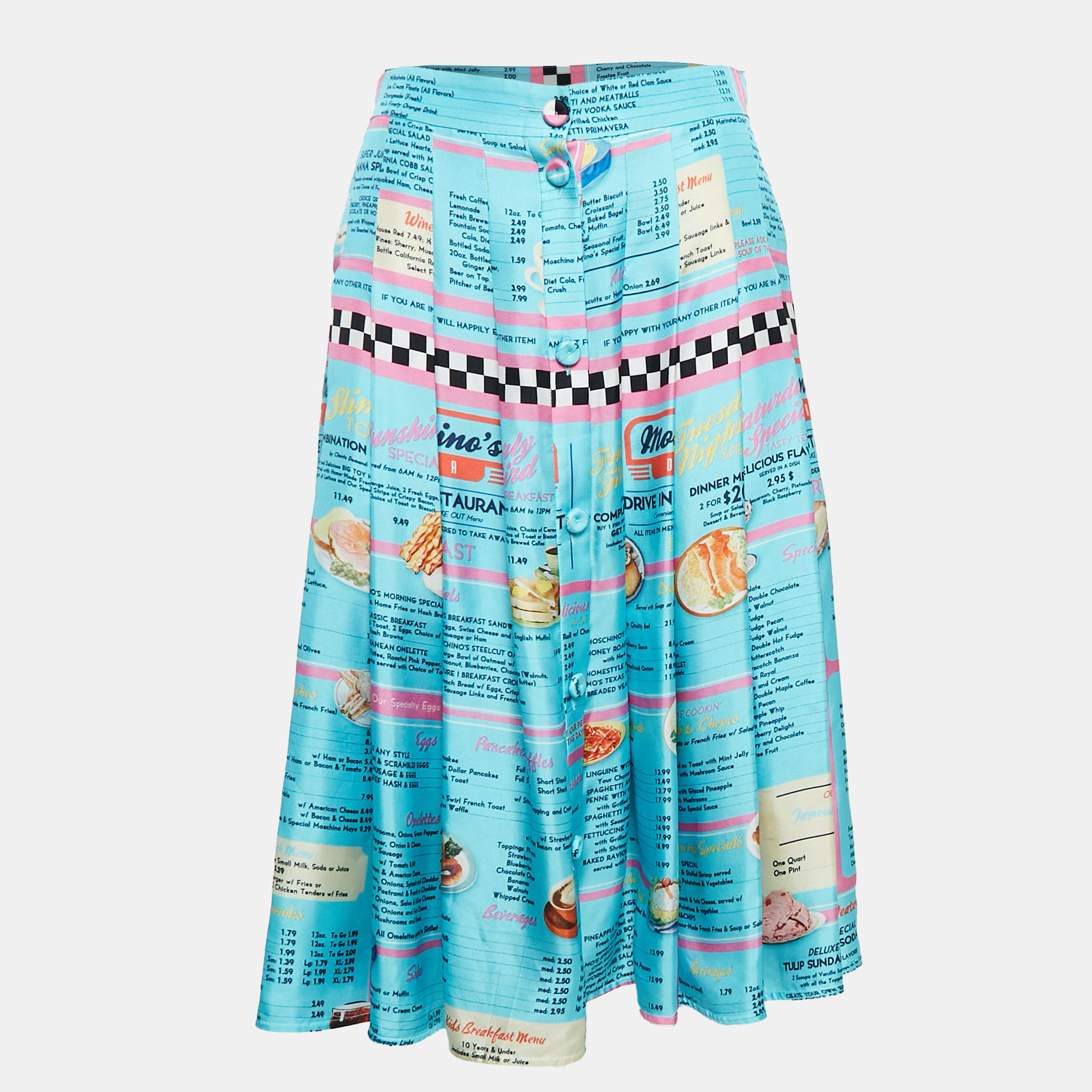 

Moschino Blue Drive In Menu Print Silk Pleated Midi Skirt L