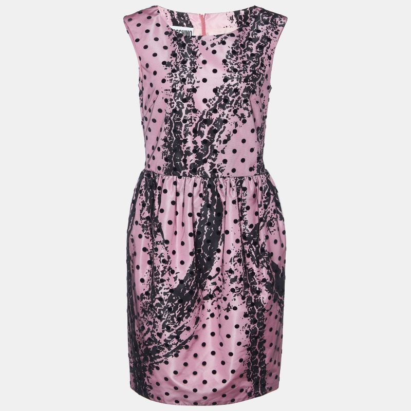 

Moschino Couture Pink Printed Satin & Polka Dot Tulle Sleeveless Sheath Dress M