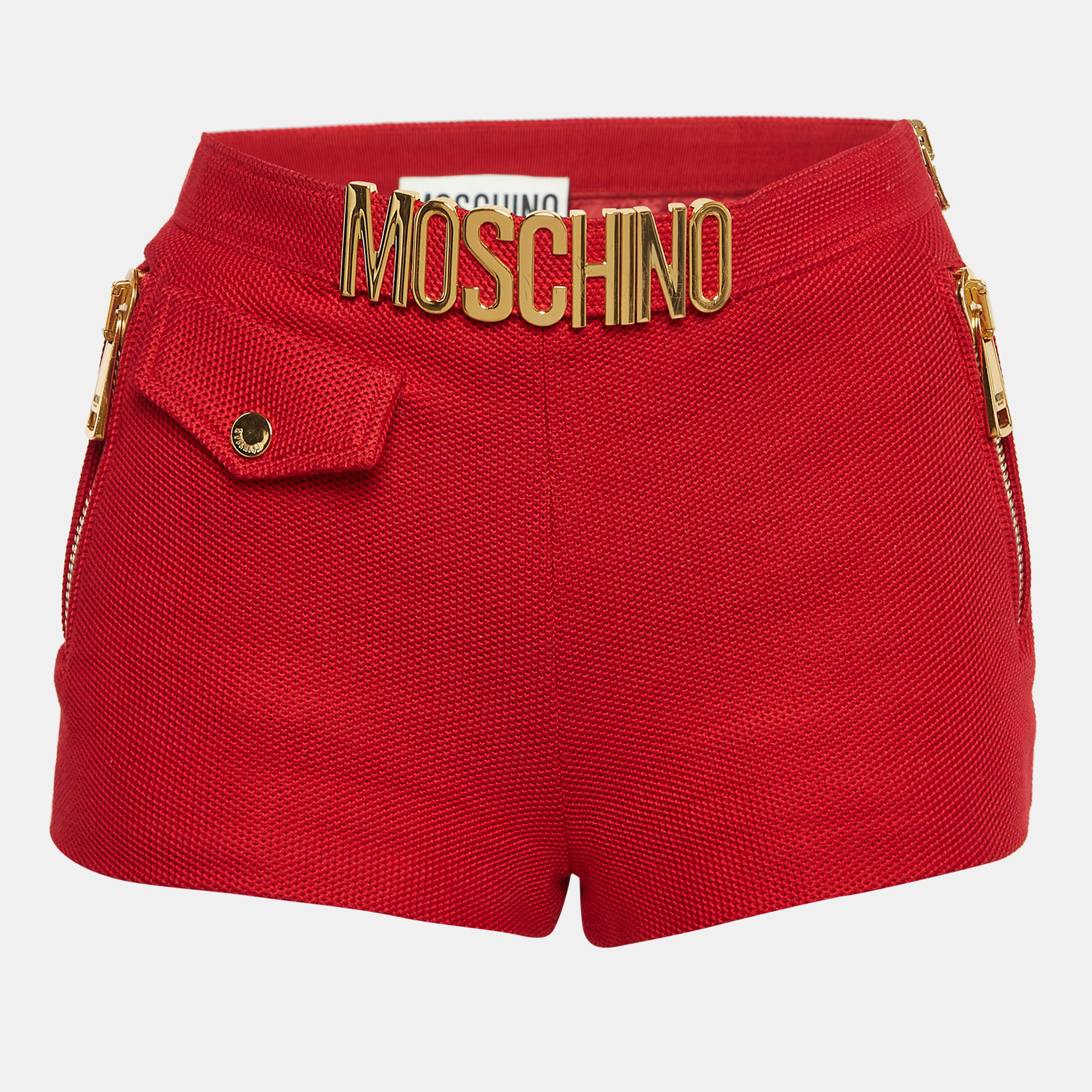 

Moschino Red Textured Cotton Logo Metal Detail Shorts S