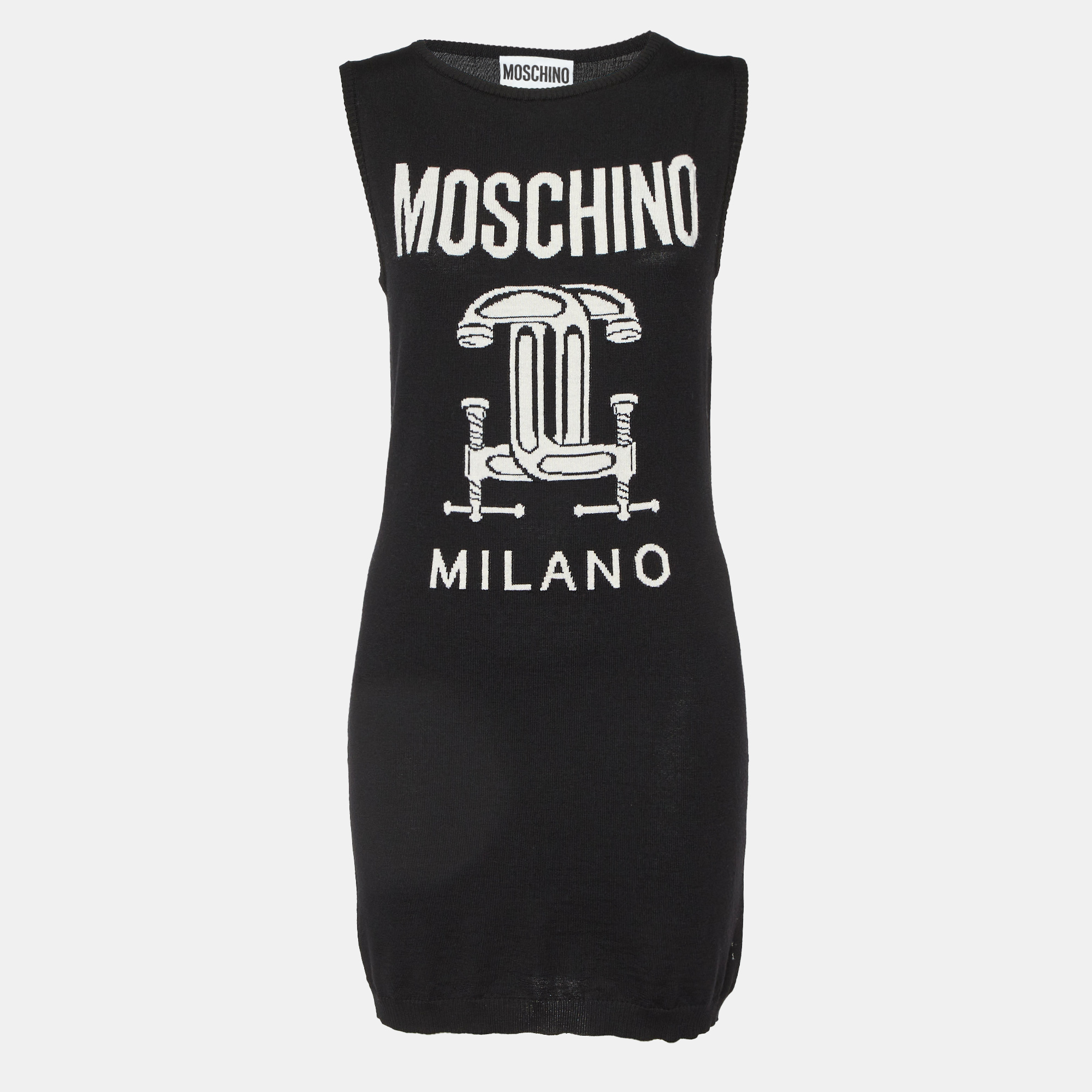 

Moschino Couture Black Logo Intarsia Wool Knit Sweater Dress M