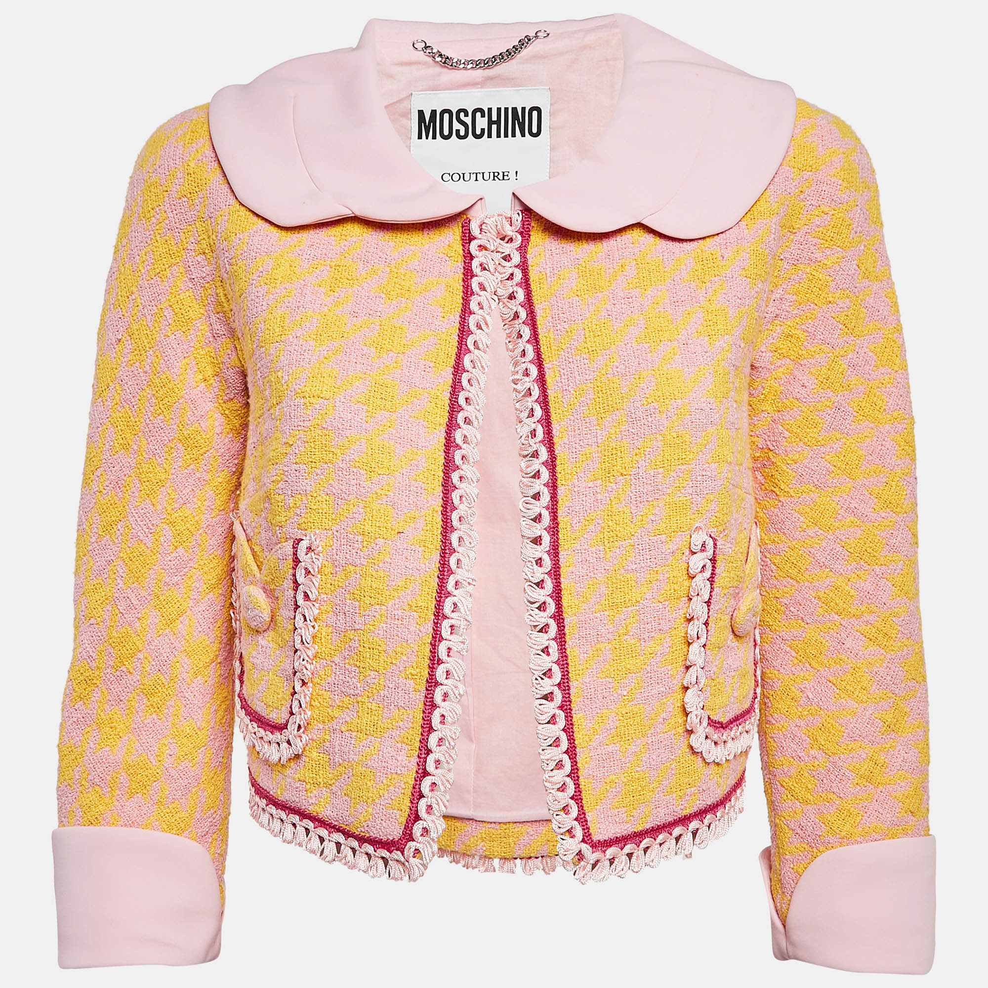 

Moschino Couture Pink/Yellow Houndstooth Tweed Open Front Crop Jacket S