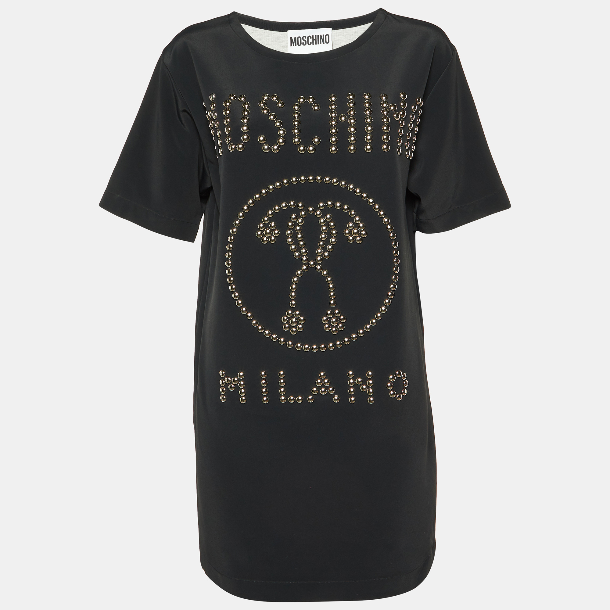 

Moschino Couture Black Logo Studded Crepe Shift Dress M