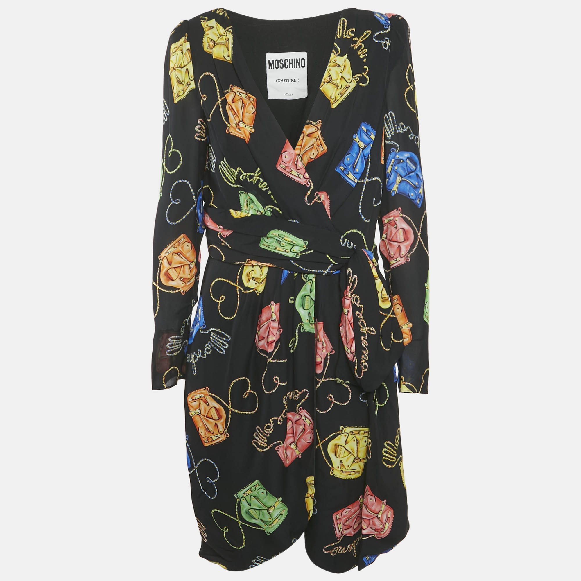 

Moschino Couture Black Biker Bag Print Silk Wrap DressM