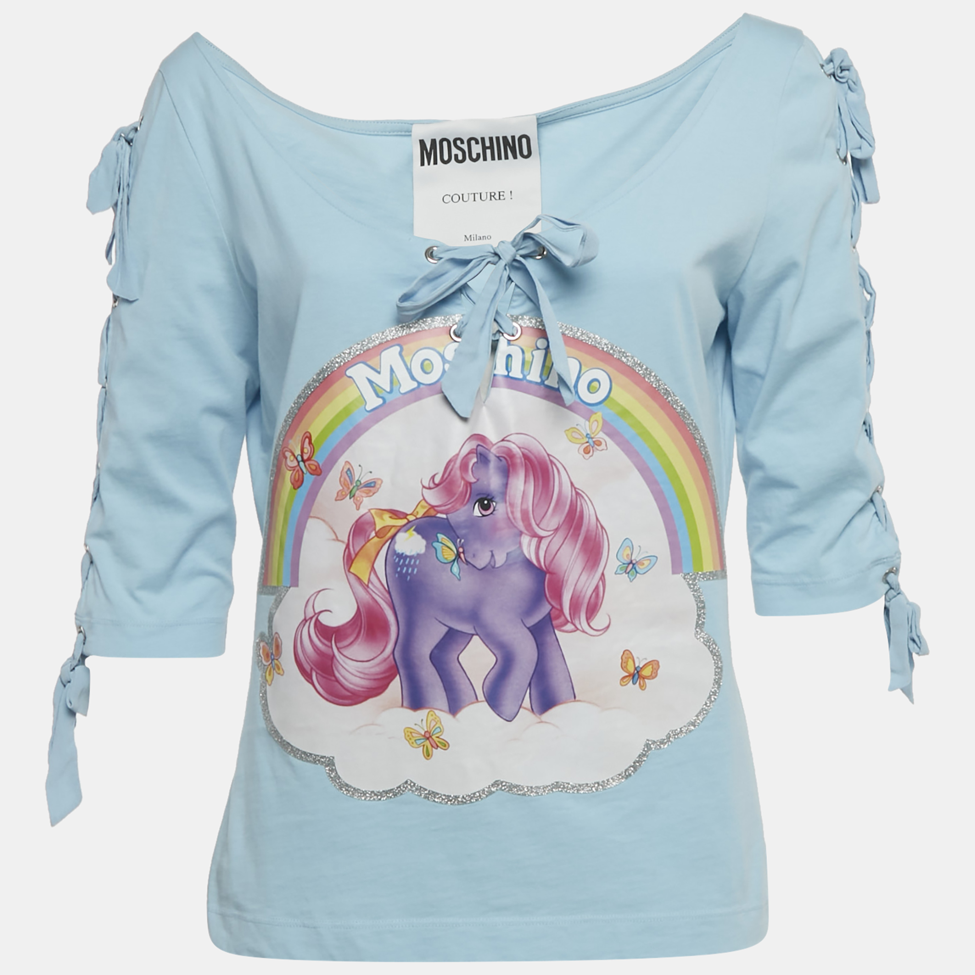 Pre-owned Moschino Blue Pony Print Cotton Knit Lace-up Detail Top L