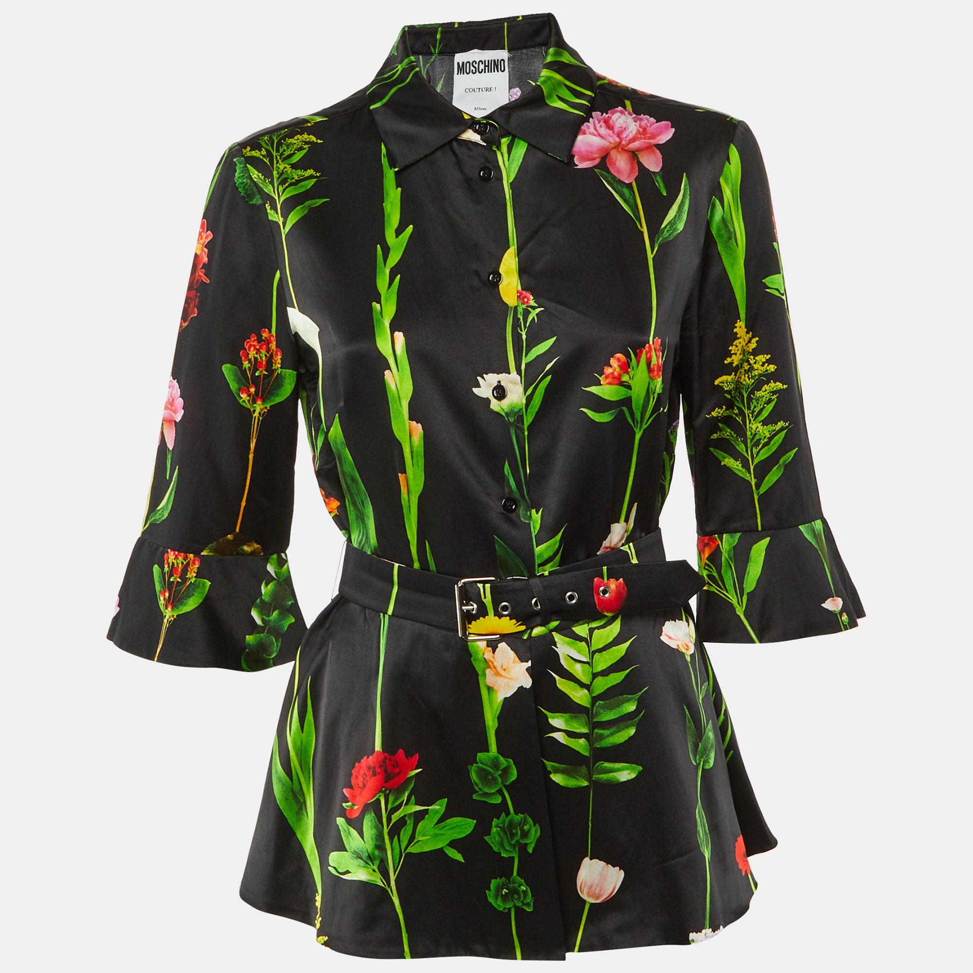 Moschino Couture Black Floral Print Satin Belted Top M