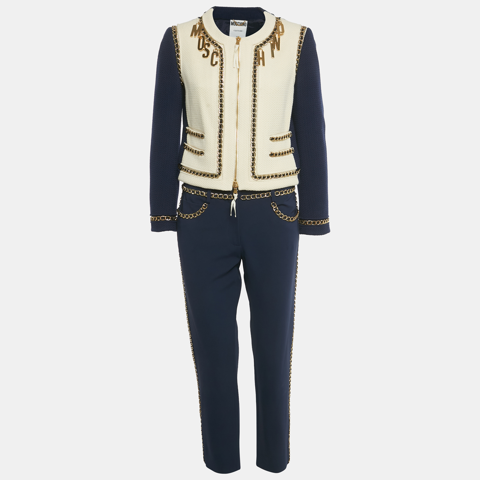 MOSCHINO Pre-owned Navy Blue Tweed & Crepe Chain Detail Jacket & Pants Set M