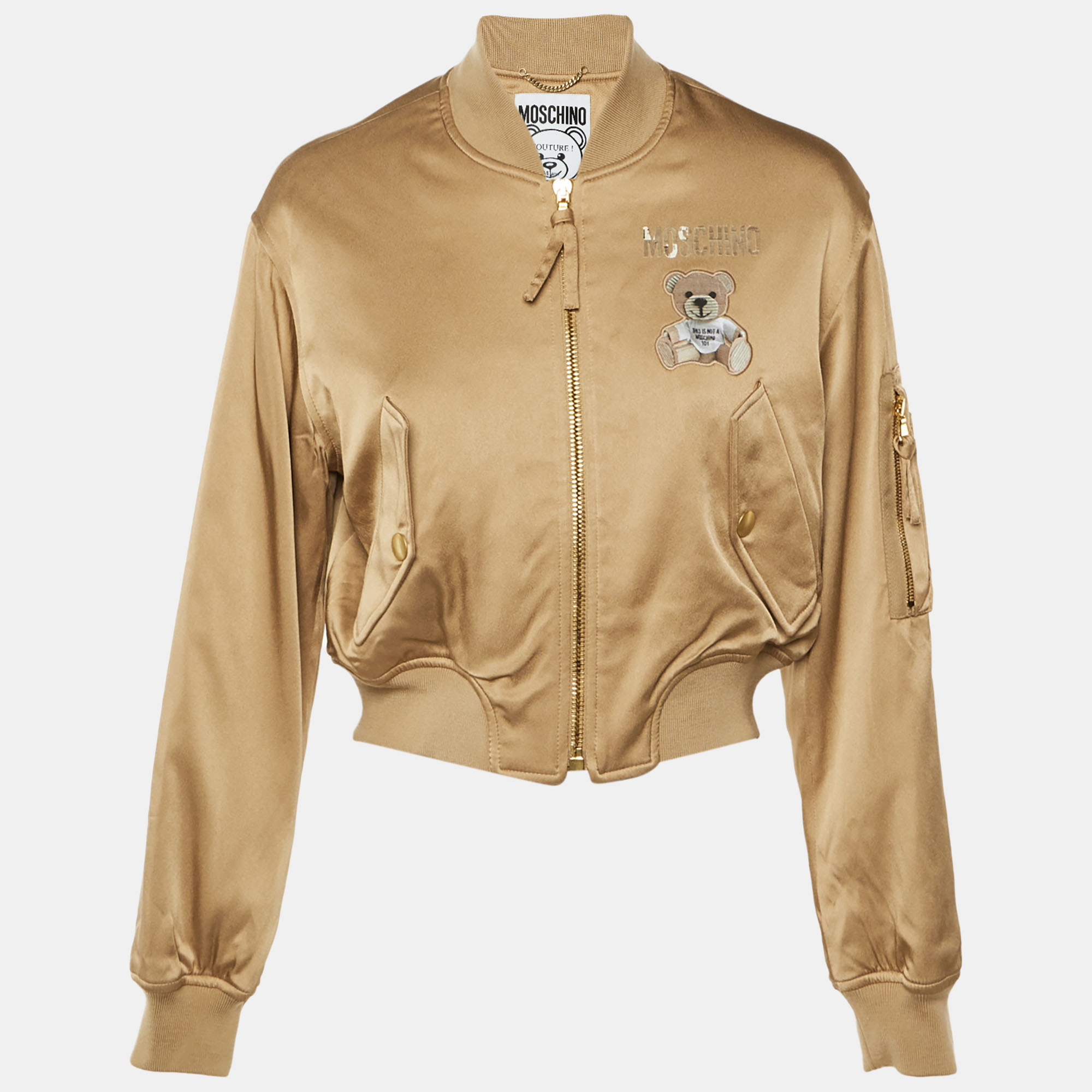 Pre-owned Moschino Beige Teddy Print Synthetic Cropped Bomber Jacket S In Sand