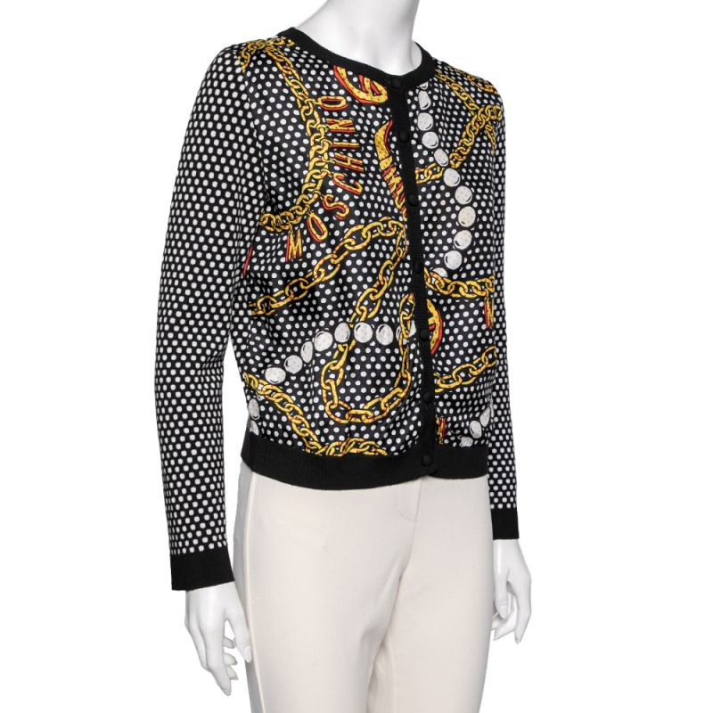 

Moschino Couture Multicolored Polka Dotted Chain Print Crepe & Knit Cardigan, Multicolor