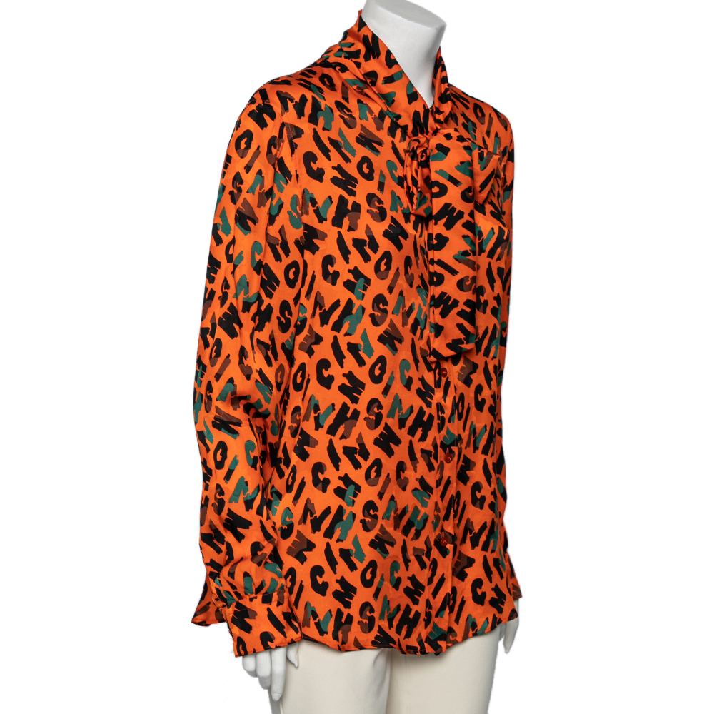

Moschino Couture Orange Printed Silk Neck Tie Detail Shirt